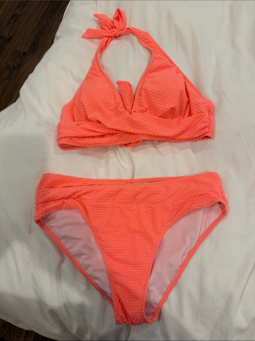 Textured Neon Coral Halter Bikini Set